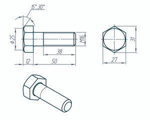 Bolt. Detail sketch with dimensions. Vector illustration for technical design. Simple engineering drawing. Editable line thickness. - 516901759