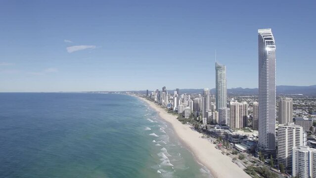 Contemporary Hotels With Beach Escape And Ocean View On The Gold Coast. Surfers Paradise Accommodation In Queensland, Australia. aerial pullback