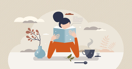 Self care and reading a book for relaxation moment tiny person concept. Calm break with literature and tea drinking vector illustration. Positive mind recreation and mental harmony doing your hobby.