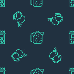 Set line Measuring cup, Sprout and Pack full of seeds of plant on seamless pattern. Vector