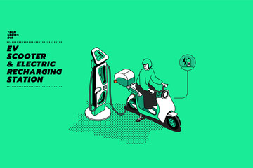 Modern flat vector illustration concept of a courier or messenger with his smart design mini electric motor bike or scooter parking and charging station with solar panels roof shade. Isometric design.