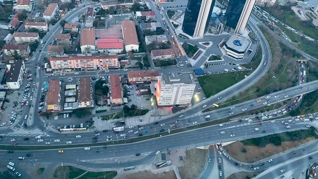Commercial buildings and city traffic jam in Istanbul. Turkey. Timelapse