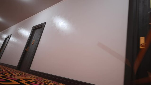 Horror scene. A murderer is smashing a door with an axe. Corridor in the hotel.