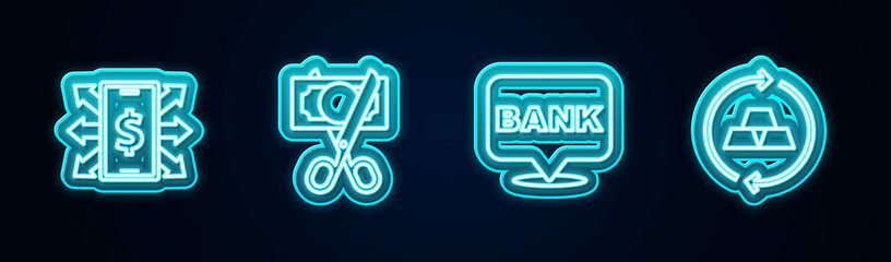 Set line Smartphone with dollar, Scissors cutting money, Bank building and Gold bars. Glowing neon icon. Vector
