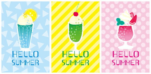 Summer time postcards with lemon/melon and cherry/strawberry cream soda in blue/yellow/pink background