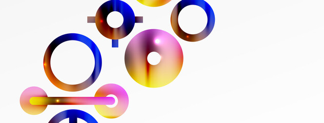 Minimal geometric abstract background. Shiny and glossy circle, line and round shapes design. Trendy techno business template for wallpaper, banner, background or landing