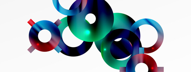 Minimal geometric abstract background. Shiny and glossy circle, line and round shapes design. Trendy techno business template for wallpaper, banner, background or landing