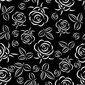 Roses, flowers and leaves, seamless pattern vector