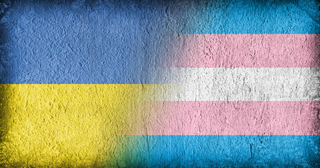 Ukrainian and Trans Pride flag on concrete