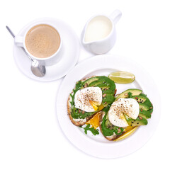 Freshly made poached egg and Avocado toasts isolated on white background