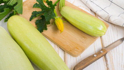 Zucchini on the table, preparation for cooking