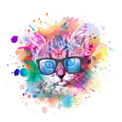Zelfklevend Fotobehang colorful artistic kitty muzzle with bright paint splatters on white background. © reznik_val