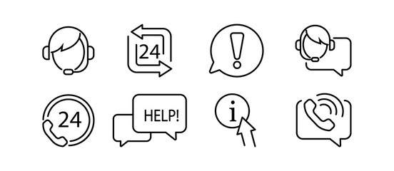 Help, support and contact vector flat line icons set. Telephone assistant, Internet help, online help.