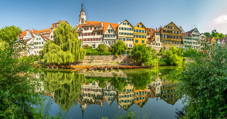High-res panorama of the historic oldtown and riverfront of the city of Tübingen in Southern Germany
