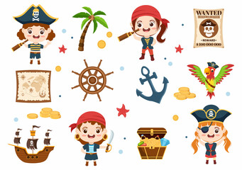 Pirate Cartoon Character Illustration with Treasure Map, Wooden Wheel, Chests, Parrot, Pirate, Ship, Flag and Jolly Roger in Flat Icon Style