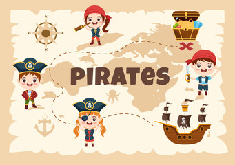 Pirate Cartoon Character Illustration with Treasure Map, Wooden Wheel, Chests, Parrot, Pirate, Ship, Flag and Jolly Roger in Flat Icon Style