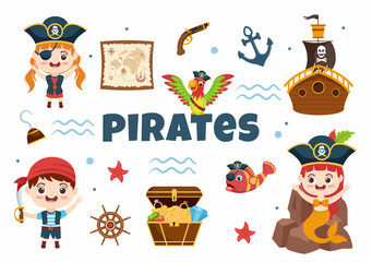 Pirate Cartoon Character Illustration with Treasure Map, Wooden Wheel, Chests, Parrot, Pirate, Ship, Flag and Jolly Roger in Flat Icon Style