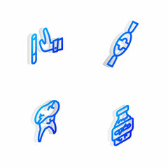 Set Isometric line Candy, Giving up cigarette, Tooth with caries and Nicotine gum blister pack icon. Vector