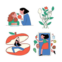Female character do yoga, follow a diet, eat right. Hand drawn flat illustration set in doodle style. Weight control, fruit and vegetable dishes. Health nutrition concept organic diet. 