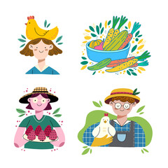 Naklejka premium Set of farmers with chicken and fresh organic food. Hand drawn flat illustration with cartoon characters isolated on white background. Farmers market set.