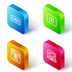 Set Isometric line Record button, Stop media, Video recorder editor and Sound audio icon. Vector