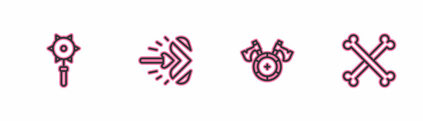 Set line Medieval chained mace ball, shield with axe, Magic arrow and Crossed human bones icon. Vector