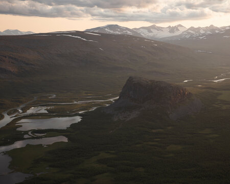 Mountain and river in Rapa Valley in Sarek National Park Sweden