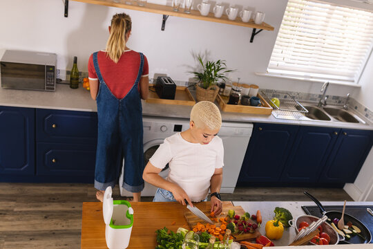 Image of happy diverse lesbian couple cooking together in kitchen - Powered by Adobe