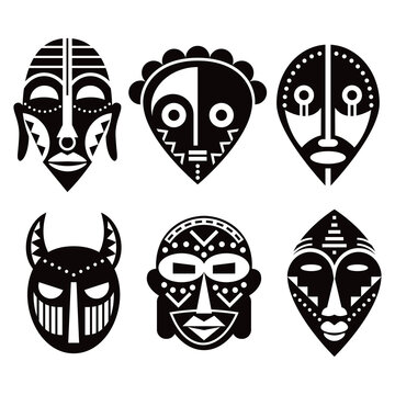 African ritual masks vector design set, traditional folk art decorations in black and white
