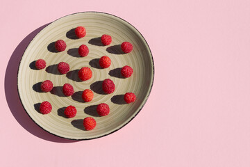 Ripe red raspberries are lying on a plate on a pink background
