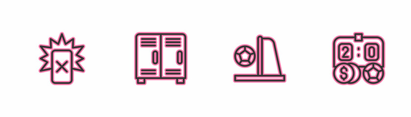 Set line Red card football, Football goal with, Locker or changing room and betting money icon. Vector