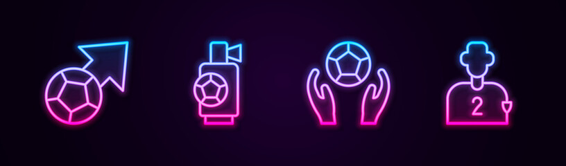 Set line Soccer football ball, Air horn, and Football soccer player. Glowing neon icon. Vector