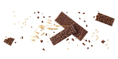 Tasty healthy bars from whole oat grain and chocolate  with crumbs and spikelets flying isolated on...