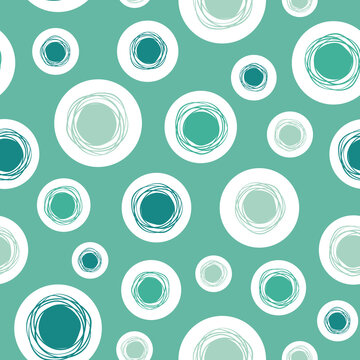 Vector Abstract Seamless Pattern. Irregular White Circles With Green Bubbles On Green Background. Hand Drawn Shapes For Wrapping, Fabric, Scrapbooking Or Wallpaper.