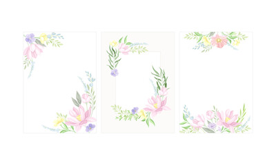 Elegant frame decorated with delicate pastel flowers set. Greeting card, wedding invitation template vector illustration