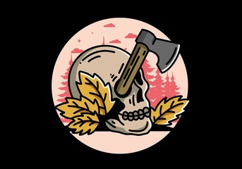 an ax stuck in the skull illustration design