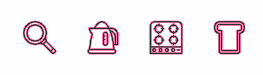 Set line Frying pan, Gas stove, Electric kettle and Bread toast icon. Vector