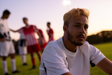 Caucasian thoughtful male soccer player looking away and sitting against clear sky at playground © wavebreak3