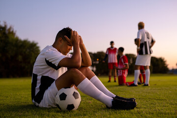 Side view of caucasian sad male player with head in hands and ball sitting on field at sunset