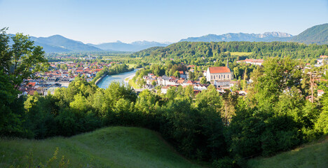 view from calvary hill to old town Bad Tolz, bavarian mountains
