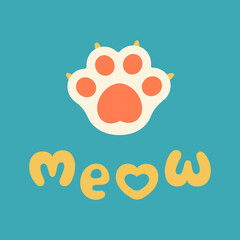 Cat lettering with cat paw in cartoon style. Isolated vector illustration hand drawn quote meow for banner, poster, flyer, t-shirt print