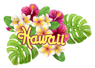 Hawaii art decor. Hand drawn hawaiian watercolor painting with Hibiscus rose, frangipani flowers and palm leaf isolated on white background. Tropical summer bouquet. Design element. © Marisha