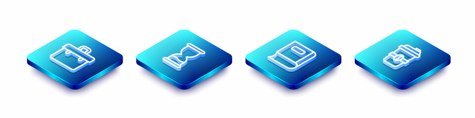 Set Isometric line Briefcase, Old hourglass, Book and Coffee cup to go icon. Vector