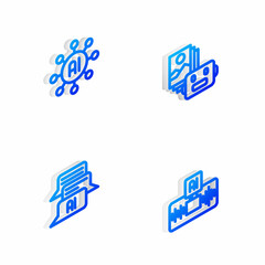 Set Isometric line Artificial intelligence robot, Neural network, Chat and AI icon. Vector