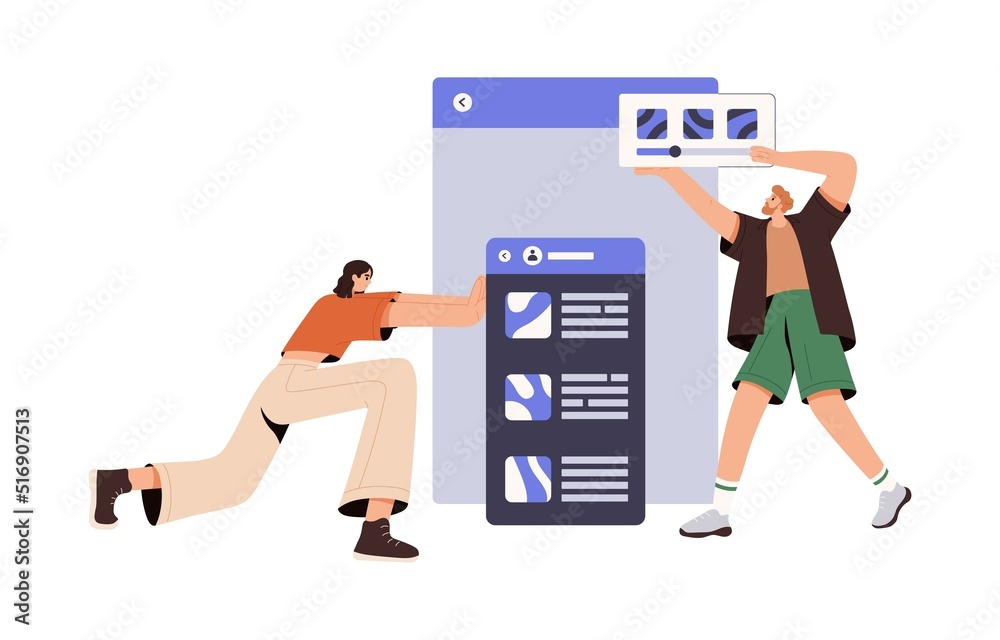 Poster ux ui design concept. people creating, building application interface layout. mobile app designers w