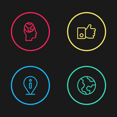 Set line Information, Earth globe, Hand like and Learning foreign languages icon. Vector