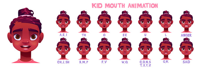 Kid mouth animation sprite sheet. Girl face expression and lips poses in pronunciation different english phoneme. Vector cartoon set of child talking mouth movement