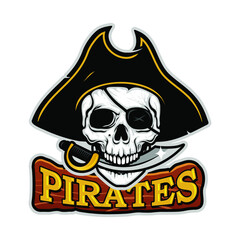 Pirate skull head with sword, Design element for logo, poster, card, banner, emblem, t shirt. Vector illustration