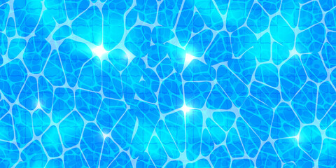 Top view swimming pool seamless pattern with sunlight glare reflect, caustic ripples and tiled floor. Blue water surface texture. Bright vector summer time background.