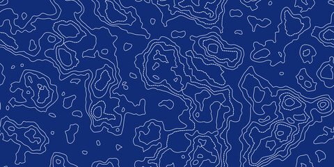 Topography blue map seamless pattern with dotted and solid lines. Abstract topographic curves. Repeat geometric background. Outline topology land or underwater relief texture. Vector illustration.